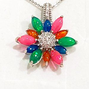 Colored Welo Opal & White Zircon pendant 20 inch in Platinum over 925SS 3.60 cts